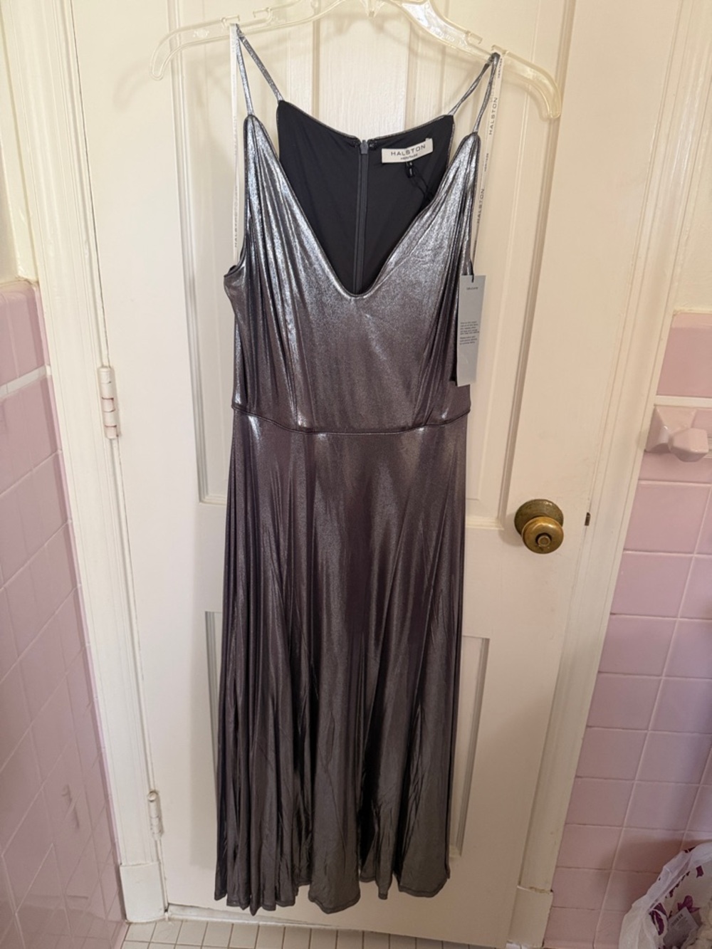 Halston Heritage Gunmetal Metallic Maxi Slip Dress